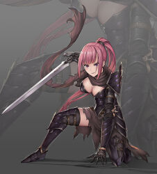 1girl armor armored_boots armored_dress armored_gloves black_dress black_footwear black_gloves black_scarf blunt_bangs blush boots breasts chinese_commentary cleavage commentary_request dracula_(5574) dress fantasy fighting_stance floating_scarf gloves grey_background hand_up highres holding holding_sword holding_weapon knee_boots large_breasts light_smile long_hair looking_at_viewer on_one_knee original parted_lips pink_hair ponytail purple_eyes scarf serious sidelocks simple_background solo straight_hair sword tachi-e thighhighs tsurime v-shaped_eyebrows very_long_hair weapon zettai_ryouiki zoom_layer