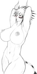 Rule 34 | 10s, 1girl, abs, armpits, arms up, blush, breasts, cathyl, huge breasts, minotaur, monochrome, monster girl, monster musume no iru nichijou, nipples, nude, solo, standing, white background
