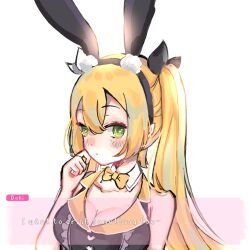Rule 34 | 127, animal ears, blonde hair, breasts, bunny garden, character name, cleavage, cosplay, dokibird (vtuber), english text, fake animal ears, green eyes, highres, indie virtual youtuber, large breasts, long hair, rabbit ears, simple background, sleeveless, twintails, upper body, virtual youtuber, white background
