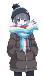 Rule 34 | 1girl, black legwear, blue hair, breath, brown jacket, cold, commentary request, cowboy shot, eyes visible through hair, hands in pockets, jacket, light blush, long sleeves, looking down, multicolored clothes, multicolored headwear, multicolored scarf, pom pom (clothes), scarf, shima rin, shiroshi (denpa eshidan), simple background, solo, standing, steam, striped clothes, striped headwear, striped scarf, white background, winter clothes, woollen cap, yurucamp, zipper