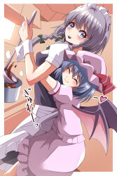 Rule 34 | 2girls, apron, bat wings, blue eyes, blue hair, blush, braid, closed eyes, closed mouth, cooking, fang, grey hair, happy ginko, heart, height difference, highres, hug, indoors, izayoi sakuya, maid, maid apron, maid headdress, multiple girls, open mouth, remilia scarlet, smile, teeth, touhou, twintails, upper teeth only, vampire, wings