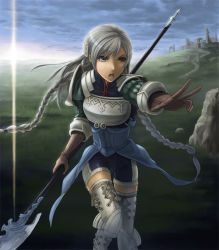 Rule 34 | 1girl, armor, artdink, bad id, bad pixiv id, boots, braid, female focus, gloves, greaves, grey hair, nature, open mouth, outdoors, polearm, ravness loxaerion, sky, solo, tactics ogre, thigh boots, thighhighs, twin braids, weapon, wolfedge, zettai ryouiki