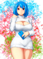 Rule 34 | 10s, 1girl, 2014, artist name, blue hair, blush, breasts, cellphone, cleavage, cleavage cutout, clothing cutout, curvy, dress, erkaz, hairband, heart, heart background, highres, large breasts, long sleeves, looking at viewer, meme attire, open-chest sweater, original, phone, red eyes, ribbed sweater, rina atherina, short hair, smartphone, solo, standing, sweater, sweater dress, thick thighs, thighs, timestamp, watermark, wide hips