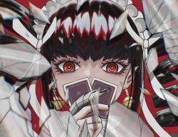Rule 34 | 1girl, black hair, black nails, card, celestia ludenberg, claw ring, danganronpa: trigger happy havoc, danganronpa (series), drill hair, earrings, gothic lolita, hair ribbon, hand up, highres, holding, holding card, jewelry, lolita fashion, looking at viewer, nail polish, red background, red eyes, ribbon, simple background, solo, twin drills, twintails, vegakirie, white ribbon