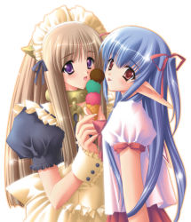 Rule 34 | 2girls, :p, absurdres, apron, blue hair, blush, bow, bowtie, brown hair, buttons, carnelian, choker, collar, eating, elf, fairy factory, fingernails, flat chest, food, frills, frontier, hair ribbon, head tilt, highres, holding, ice cream, long fingernails, long hair, looking at viewer, looking back, maid, maid apron, maid headdress, multiple girls, open mouth, pink eyes, pleated skirt, pointy ears, profile, purple eyes, ribbon, scan, school uniform, seika (fairy factory), sidelocks, simple background, skirt, tongue, tongue out, touka (fairy factory), twintails, upper body, very long hair, wrist cuffs