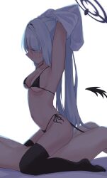 1boy 1girl arms_up backlighting bikini black_bikini black_tail black_thighhighs blue_archive breasts clothed_female_nude_male dark-skinned_female dark_skin demon_tail girl_on_top grey_hair halo hetero highres iori_(blue_archive) long_hair medium_breasts mintchoco_(minchothudong) no_shoes nude purple_halo side-tie_bikini_bottom solo_focus straddling sweat swimsuit tail thighhighs undressing