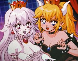 Rule 34 | 1990s (style), 2girls, armlet, bare shoulders, blonde hair, blue eyes, bowsette, bracelet, breasts, collar, colored skin, colored tongue, crown, dress, fake screenshot, fangs, ghost, gloves, horns, jewelry, luigi&#039;s mansion, mario (series), medium breasts, mini crown, multiple girls, new super mario bros. u deluxe, nintendo, pikiru, pointy ears, ponytail, princess king boo, purple tongue, red eyes, retro artstyle, sharp teeth, spiked armlet, spiked bracelet, spiked collar, spiked shell, spikes, super crown, teeth, tongue, tongue out, turtle shell, v-shaped eyebrows, white dress, white gloves, white hair, white skin