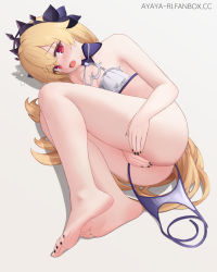 Rule 34 | 1girl, ass, ayaya (ayaya ri), bare arms, barefoot, bikini, black nails, blonde hair, blush, breasts, covering privates, covering crotch, feet, fischl (ein immernachtstraum) (genshin impact), fischl (genshin impact), genshin impact, highres, legs, long hair, looking at viewer, lying, nail polish, on side, open mouth, simple background, small breasts, soles, solo, swimsuit, tearing up, tiara, toenail polish, toenails, toes, untied bikini, very long hair