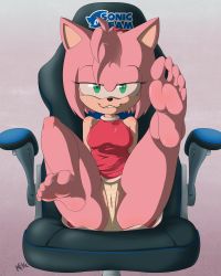 Rule 34 | 1girl, absurdres, amy rose, animal ears, artist name, bare shoulders, barefoot, breasts, cameltoe, chair, cleft of venus, dress, feet, female focus, full body, furry, furry female, gradient background, green eyes, hairband, half-closed eyes, happy, highres, kektails, legs up, lip biting, looking at viewer, medium breasts, panties, pink hair, pink panties, red dress, red hairband, short dress, short hair, signature, simple background, sitting, sleeveless, sleeveless dress, smile, soles, solo, sonic (series), sonic the hedgehog, striped clothes, striped panties, teeth, toes, underwear, upskirt