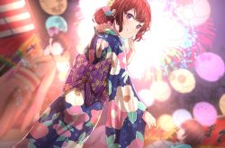 Rule 34 | 3girls, aerial fireworks, back bow, blue flower, blue kimono, blurry, blurry background, blush, bow, brown hair, cherry blossom print, closed mouth, commentary request, depth of field, fireworks, floral print, flower, furisode, hair bun, hair flower, hair ornament, highres, japanese clothes, kimono, looking at viewer, looking back, md5 mismatch, multiple girls, night, original, outdoors, pink flower, pink rose, print bow, print kimono, purple bow, red eyes, resolution mismatch, rose, single hair bun, smile, solo focus, source larger, wang man, yellow flower