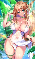 Rule 34 | 1girl, artist name, bikini, bikini bottom only, blonde hair, blurry, blurry background, blush, breasts, choker, cleavage, collarbone, commentary request, day, elf, fingernails, green eyes, head tilt, highleg, highleg bikini, highres, holding, large breasts, lips, looking at viewer, mataro (matarou), original, outdoors, parted lips, pointy ears, shiny skin, solo, swimsuit, thigh strap, water, water drop, wet, wet clothes