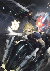 Rule 34 | 1boy, aqua eyes, arm guards, armor, asymmetrical bangs, black gloves, black shirt, blonde hair, buster sword, closed mouth, cloud strife, commentary, explosion, final fantasy, final fantasy vii, final fantasy vii remake, gloves, highres, holding, holding sword, holding weapon, huge weapon, jun (navigavi), male focus, manly, motion blur, motor vehicle, motorcycle, night, outdoors, parted bangs, ribbed shirt, riding, road, shirt, short hair, shoulder armor, solo, spiked hair, street, swinging, sword, weapon