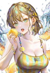 Rule 34 | 1girl, aqua eyes, blush, breasts, brown hair, camisole, cleavage, collarbone, earrings, eating, food, fruit, hair ornament, hairclip, highres, holding, holding food, holding fruit, jewelry, large breasts, lemon, lemon slice, medium breasts, mole, mole on breast, mole under eye, open mouth, original, peach, short hair, solo, striped, sweat, tamaki (tamaki599), teeth, tongue, tongue out, upper body, upper teeth only, vertical stripes, water drop, yellow nails