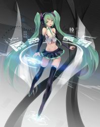 Rule 34 | 1girl, bad anatomy, bad id, bad pixiv id, boots, cancell, detached sleeves, full body, green eyes, green hair, hatsune miku, headphones, highres, long hair, looking at viewer, midriff, navel, necktie, open mouth, skirt, sleeveless, solo, thigh boots, thighhighs, twintails, very long hair, vocaloid