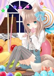 Rule 34 | 1girl, ame usako, animal ears, blonde hair, blue eyes, blush, bow, brown hair, candy, cat ears, cat girl, chocolate, cookie, doughnut, dress, female focus, food, fox ears, fox tail, frills, grey thighhighs, hair bow, hair ornament, hair ribbon, indoors, lace, licking, lollipop, long hair, looking at viewer, macaron, night, no shoes, open mouth, original, oversized object, pocky, ribbon, sitting, sky, solo, star (sky), star (symbol), starry sky, straight hair, striped clothes, striped thighhighs, suspenders, swirl lollipop, tail, thighhighs, thumbprint cookie, vertical-striped clothes, vertical-striped thighhighs, wafer, window, wrapped candy