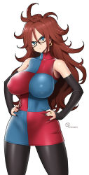 Rule 34 | 1girl, android 21, arm warmers, bare shoulders, big hair, black-framed eyewear, black nails, black pantyhose, blue eyes, breasts, brown hair, checkered clothes, checkered dress, collarbone, covered erect nipples, curly hair, curvy, detached sleeves, dragon ball, dragon ball fighterz, dress, earrings, glasses, hands on own hips, head tilt, hoop earrings, huge breasts, impossible clothes, impossible dress, jewelry, large breasts, long hair, looking at viewer, multicolored clothes, multicolored dress, nail polish, onomeshin, pantyhose, red hair, ring, sagging breasts, simple background, solo, standing, thighs, turtleneck, turtleneck dress, white background