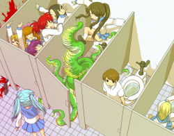 Rule 34 | 1boy, bathroom, blood, from above, monster, multiple girls, restroom, school uniform, serafuku, skirt, tentacles, toilet, twintails