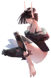 Rule 34 | 1girl, absurdres, ankle ribbon, bare shoulders, bob cut, breasts, closed mouth, eyeliner, fate/grand order, fate (series), feet, headpiece, highres, horns, japanese clothes, kimono, knee up, leg ribbon, legs, long sleeves, looking at viewer, makeup, off shoulder, oni, purple eyes, purple hair, purple kimono, red ribbon, revealing clothes, ribbon, sash, short eyebrows, short hair, shuna (rain ball47), shuten douji (fate), simple background, sitting, skin-covered horns, small breasts, smile, solo, toes, white background
