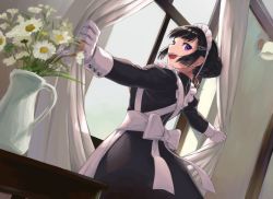 Rule 34 | :d, apron, black dress, black hair, blunt bangs, braid, braided bun, commentary request, curtains, dress, dutch angle, flower, frills, from behind, gloves, hair bun, hair ornament, hairclip, kakuchoshi, kantai collection, long sleeves, looking at viewer, looking back, maid, maid apron, maid headdress, myoukou (kancolle), open mouth, purple eyes, single hair bun, smile, solo, vase, white gloves, window