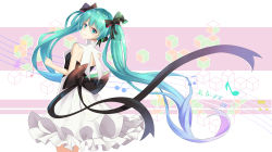 Rule 34 | 1girl, absurdres, back bow, bad id, bad pixiv id, black bow, blue eyes, blue hair, blush, bow, breasts, cowboy shot, dress, floating hair, hair between eyes, hair bow, hatsune miku, head tilt, highres, long hair, looking at viewer, miku symphony (vocaloid), musical note, sleeveless, sleeveless dress, small breasts, smile, solo, sparkle, standing, twintails, very long hair, vocaloid, w-t, white dress