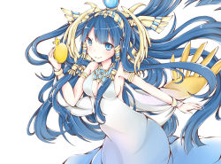 Rule 34 | 1girl, bare shoulders, blue eyes, blue hair, breasts, cleavage, dress, egg, hair tubes, headdress, isis (p&amp;d), jewelry, long hair, looking at viewer, lots of jewelry, matching hair/eyes, mo (k40633), puzzle &amp; dragons, smile, solo, white dress