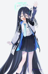 Rule 34 | 1girl, absurdly long hair, aris (blue archive), arm up, black hair, black skirt, blue archive, blue necktie, closed eyes, coat, collared shirt, commentary request, dated, facing viewer, feet out of frame, hair between eyes, highres, kuronuma s, long hair, necktie, new year, one side up, open clothes, open coat, open mouth, pleated skirt, shirt, shirt tucked in, sidelocks, simple background, skirt, solo, standing, twitter username, very long hair, watermark, waving, white background, white coat