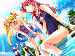 Rule 34 | 4girls, :o, anger vein, angry, arm support, back, bare shoulders, bent over, blonde hair, blue eyes, blue hair, blush, bow, casual one-piece swimsuit, chain-link fence, clenched hand, clenched hands, cloud, colette brause, competition swimsuit, day, dutch angle, elf, fence, flat chest, floating hair, from behind, from below, game cg, hair between eyes, hair bobbles, hair ornament, hand on own chest, holding, innertube, karen (artist), kickboard, legs, light rays, long hair, long pointy ears, looking at viewer, multiple girls, musell classmine, navel, one-piece swimsuit, outdoors, pastel chime, pink hair, pointy ears, pool, poolside, purple hair, shadow, short hair, sidelocks, sitting, sky, soaking feet, sparkle, standing, sun, sunbeam, sunlight, swim ring, swimsuit, transparent, tree, twintails, very long hair, water, wet