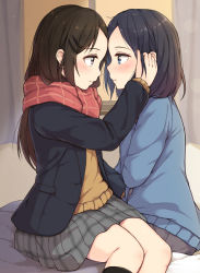 Rule 34 | 2girls, adachi sakura, adachi to shimamura, bad id, bad pixiv id, bedroom, blazer, blue eyes, blue hair, blush, brown eyes, brown hair, cardigan, commentary, curtains, enpera, eye contact, forehead-to-forehead, hair ornament, hairclip, hand in another&#039;s hair, heads together, highres, imminent kiss, indoors, jacket, kneehighs, light blush, long hair, looking at another, medium hair, multiple girls, open clothes, open jacket, plaid, plaid scarf, pleated skirt, scarf, school uniform, shimamura hougetsu, sitting, skirt, socks, sweater, window, yotsushi, yuri