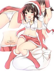 Rule 34 | 1girl, :d, :p, alternate costume, arm at side, arm up, armpits, arms up, bell, blush, bobblehat, body writing, breasts, brown hair, choker, christmas, cleavage, crop top, cropped legs, cropped torso, elbow gloves, faceless, faceless female, fang, fubuki (kancolle), fur-trimmed gloves, fur-trimmed skirt, fur trim, gloves, green eyes, groin, hair ornament, hat, highres, holly hair ornament, kantai collection, kneehighs, knees together feet apart, long hair, looking at viewer, low ponytail, lower body, merry christmas, miniskirt, multiple views, navel, open mouth, panties, pikacchi, pubic tattoo, red choker, red gloves, red hat, red skirt, red socks, sack, salute, santa hat, sideboob, sidelocks, simple background, sitting, skirt, sleeveless, small breasts, smile, socks, stomach, sweat, tareme, tattoo, thighs, tongue, tongue out, underwear, upskirt, white background, white panties