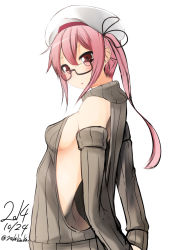Rule 34 | 10s, 1girl, 2014, arms behind back, bad id, bad pixiv id, breasts, dated, detached sleeves, from side, glasses, harusame (kancolle), hat, kantai collection, looking at viewer, looking to the side, nekobaka, no bra, open mouth, pink eyes, pink hair, revealing clothes, ribbed sweater, semi-rimless eyewear, side ponytail, sideboob, simple background, small breasts, solo, sweater, turtleneck, twitter username, under-rim eyewear, upper body, white background