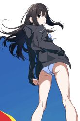 1girl absurdres ass bare_legs black_hair black_hoodie bloom_into_me15 blue_bra blue_eyes blue_panties bra breasts choppy_bangs crotch floating_hair from_below highres hood hoodie idolmaster idolmaster_cinderella_girls looking_back panties pantyshot shibuya_rin small_breasts standing underwear