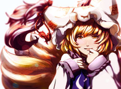 Rule 34 | 1girl, blonde hair, blurry, dearmybrothers, female focus, fox tail, hat, light particles, lips, looking at viewer, multiple tails, revision, smile, solo, tail, touhou, yakumo ran, yellow eyes