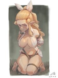 Rule 34 | barefoot, blonde hair, blue eyes, bow, hair bow, highres, kneeling, open clothes, open shirt, original, oz (gerbera7), panties, ponytail, restrained, shirt, solo, underwear, white bow