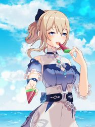 Rule 34 | 1girl, :d, alternate costume, blonde hair, blue eyes, blue sky, blush, bow, breasts, cleavage cutout, clothing cutout, cloud, detached sleeves, food, frills, genshin impact, hair bow, jean (genshin impact), jean (sea breeze dandelion) (genshin impact), looking at viewer, medium breasts, ocean, open mouth, outdoors, ponytail, popsicle, shirt tucked in, shorts, sky, sleeveless, smile, water, watermelon bar, white shorts