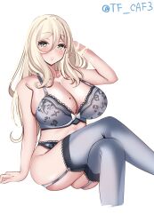 Rule 34 | 1girl, absurdres, alternate costume, blonde hair, bra, breasts, cleavage, commentary request, crossed legs, garter straps, grey bra, grey panties, grey thighhighs, hair between eyes, highres, kantai collection, lace, lace-trimmed bra, lace-trimmed panties, lace trim, large breasts, long hair, looking at viewer, mole, mole on breast, one-hour drawing challenge, panties, parted lips, richelieu (kancolle), simple background, solo, tf cafe, thighhighs, twitter username, underwear, underwear only, white background, yellow eyes