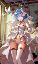 10s 1girl :d absurdres alternate_costume bare_shoulders bird blue_eyes blue_hair breasts bridal_veil cameltoe cleavage cowboy_shot detached_collar detached_sleeves dove dress female_focus garter_belt gloves gluteal_fold hair_ornament hair_over_one_eye hair_ribbon highres itoucon looking_at_viewer medium_breasts midriff navel open_mouth panties petals puffy_short_sleeves puffy_sleeves purple_ribbon re:zero_kara_hajimeru_isekai_seikatsu rem_(re:zero) ribbon short_hair short_sleeves skindentation smile solo stomach thighhighs underwear veil wedding_dress white_dress white_gloves white_panties white_thighhighs x_hair_ornament