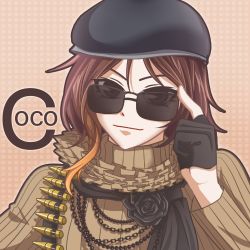 Rule 34 | 1girl, beret, brown hair, character name, coco adel, hat, lowres, rwby, smile, solo, sunglasses, vina