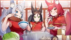 Rule 34 | 3girls, animal ear fluff, animal ears, blue eyes, blush, bok choy, bowl, breasts, brown hair, cabbage, capelet, china dress, chinese clothes, chinese knot, chopsticks, dress, eating, food, fox ears, fox girl, fox tail, green eyes, grey hair, highres, holding, holding chopsticks, holding plate, illian-san, indoors, large breasts, lips, long hair, multiple girls, mushroom, noodles, original, plate, red dress, red eyes, red hair, rice, scar, scar on face, short hair, short sleeves, small breasts, tail, tofu, tongue, tongue out, upper body, virtual youtuber