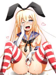 Rule 34 | 10s, 1girl, black neckerchief, blonde hair, blue eyes, blush, breasts, cum, cum in pussy, cum on hair, ehimedaisuki, elbow gloves, gloves, hair ribbon, hand on own cheek, hand on own face, heart, heart-shaped pupils, highres, kantai collection, long hair, looking at viewer, neckerchief, nipples, one eye closed, open mouth, pussy, ribbon, shimakaze (kancolle), smile, solo, spread pussy, striped clothes, striped thighhighs, symbol-shaped pupils, thighhighs, uncensored, warabi mochi (ehimedaisuki), white gloves, wink