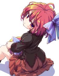 Rule 34 | 1girl, black shirt, bow, disembodied head, hair bow, holding head, isu (is88), knees up, long sleeves, looking at viewer, looking back, multiple heads, open mouth, purple bow, red eyes, red hair, red skirt, ribbon-trimmed bow, ribbon-trimmed shirt, sekibanki, shirt, short hair, simple background, sitting, skirt, solo, touhou, white background