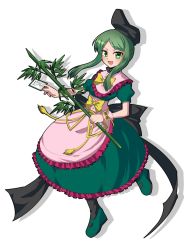 Rule 34 | 1girl, :d, absurdres, apron, bad id, bad twitter id, bamboo, bamboo shoot, black bow, black hat, black socks, bow, buttons, capelet, dress, eyebrows, facing away, frilled apron, frilled capelet, frilled dress, frills, full body, green dress, green eyes, green footwear, green hair, hat, highres, holding, kuromiya yurin, legs apart, long hair, mary janes, open mouth, parted bangs, pink apron, pink capelet, ribbon, shoes, short hair with long locks, sidelocks, silhouette, simple background, single wrist cuff, smile, socks, solo, tate eboshi, teireida mai, touhou, translation request, waist apron, white background, wrist cuffs, yellow bow, yellow ribbon