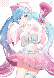 1girl :d animal_hat aqua_hair belt blue_belt blue_eyes cropped_sweater diamond_(shape) fortnite gradient_hair hat hatsune_miku headset heart highres holding holding_megaphone long_sleeves looking_at_viewer megaphone midriff multicolored_hair navel neko_hatsune_miku open_mouth pink_hair pink_hat pink_skirt pink_sleeves simple_background skirt smile solo sparkle thigh_belt thigh_strap twintails umireki vocaloid