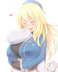 Rule 34 | 1boy, 1girl, admiral (kancolle), atago (kancolle), beret, between breasts, black gloves, black hair, blonde hair, blush, breasts, gloves, hat, head between breasts, heart, highres, impossible clothes, kantai collection, large breasts, long hair, military, military hat, military uniform, mogera81, open mouth, simple background, uniform, white background