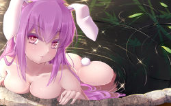 Rule 34 | 1girl, animal ears, ass, breasts, cleavage, closed mouth, completely nude, extra ears, eyebrows, fingernails, hair between eyes, hair over eyes, head tilt, highres, large breasts, leaf, leaning, long fingernails, long hair, looking at viewer, nude, onsen, partially submerged, purple eyes, purple hair, rabbit ears, rabbit girl, rabbit tail, reisen udongein inaba, ripples, sidelocks, solo, sparkle, tail, touhou, very long hair, water, xuanlin jingshuang