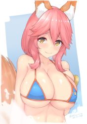 Rule 34 | 10s, 1girl, animal ears, bare shoulders, bikini, blue background, blue bikini, blush, border, bracelet, breasts, cleavage, collarbone, commentary request, dated, fang, fate/extra, fate/grand order, fate (series), fox ears, fox tail, hand on own chest, heart, heart-shaped pupils, jewelry, kuavera, large breasts, long hair, looking at viewer, pink hair, shiny skin, sidelocks, signature, smile, solo, splashing, swimsuit, symbol-shaped pupils, tail, tamamo (fate), tamamo no mae (fate/extra), tamamo no mae (swimsuit lancer) (fate), wet, white border, yellow eyes