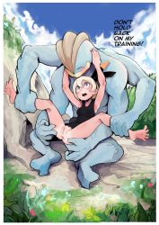 Rule 34 | anus, armpits, arms up, ass grab, barefoot, bea (pokemon), blue skin, blue sky, blush, bottomless, bow, cleft of venus, colored skin, creatures (company), dark-skinned female, dark skin, day, english text, game freak, gen 1 pokemon, hair bow, hands on another&#039;s face, highres, imminent penetration, interspecies, leg grab, looking at another, looking down, looking up, machamp, nintendo, pokemon, pokemon (creature), pokemon swsh, pokephilia, pussy, short hair, sky, sleeveless, spread anus, spread legs, sweat, tan, tanline, uncensored, whosadaman