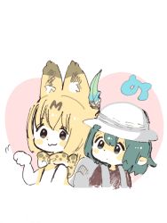 Rule 34 | 10s, 2girls, absurdres, animal ears, backpack, bad id, bad pixiv id, bag, blonde hair, blush stickers, bow, bowtie, brown eyes, feathers, hat, heart, highres, kaban (kemono friends), kemono friends, multiple girls, paw pose, serval (kemono friends), simple background, sketch, ts (dksg4), upper body, white background
