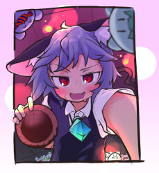 Rule 34 | 1girl, :d, animal ear fluff, animal ears, basket, blush, candy, commentary request, crystal, fang, flat chest, floppy ears, food, greenpiecerice, grey hair, grey vest, halloween, jewelry, looking at viewer, mouse (animal), mouse ears, mouse girl, mouse tail, nazrin, open mouth, pendant, pov, red eyes, shirt, short bangs, short hair, skin fang, smile, solo, tail, touhou, upper body, vest, white shirt, wrapped candy