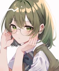 Rule 34 | 1girl, bespectacled, blush, bow, bowtie, commentary, diagonal-striped bow, diagonal-striped bowtie, diagonal-striped clothes, glasses, green eyes, green hair, highres, idolmaster, idolmaster shiny colors, looking at viewer, looking to the side, nanakusa nichika, round eyewear, school uniform, shirt, shu10, simple background, solo, striped clothes, upper body, vest, white background, white shirt