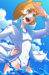 Rule 34 | 1girl, absurdres, breasts, cowboy shot, creatures (company), game freak, green eyes, hand on own hip, highres, jacket, legs, misty (pokemon), nintendo, one-piece swimsuit, open mouth, orange hair, pokemon, pokemon hgss, ryu (artist), simple background, sky, smile, solo, spread legs, standing, swimsuit, thighs, water